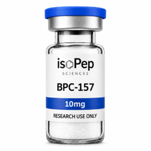 BPC-157 10mg research peptide vial by isoPep Sciences featuring a blue cap, white label, and research use only designation.