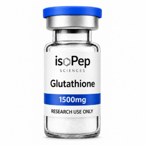 Glutathione 1500mg research peptide vial by isoPep Sciences with blue cap, white label, and research use only designation.
