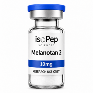 isoPep Sciences Melanotan II 10mg research peptide vial with blue cap and white label